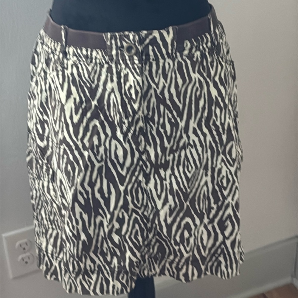 Chicos animal print elastic waist cotton poplin brown ivory skirt sz M